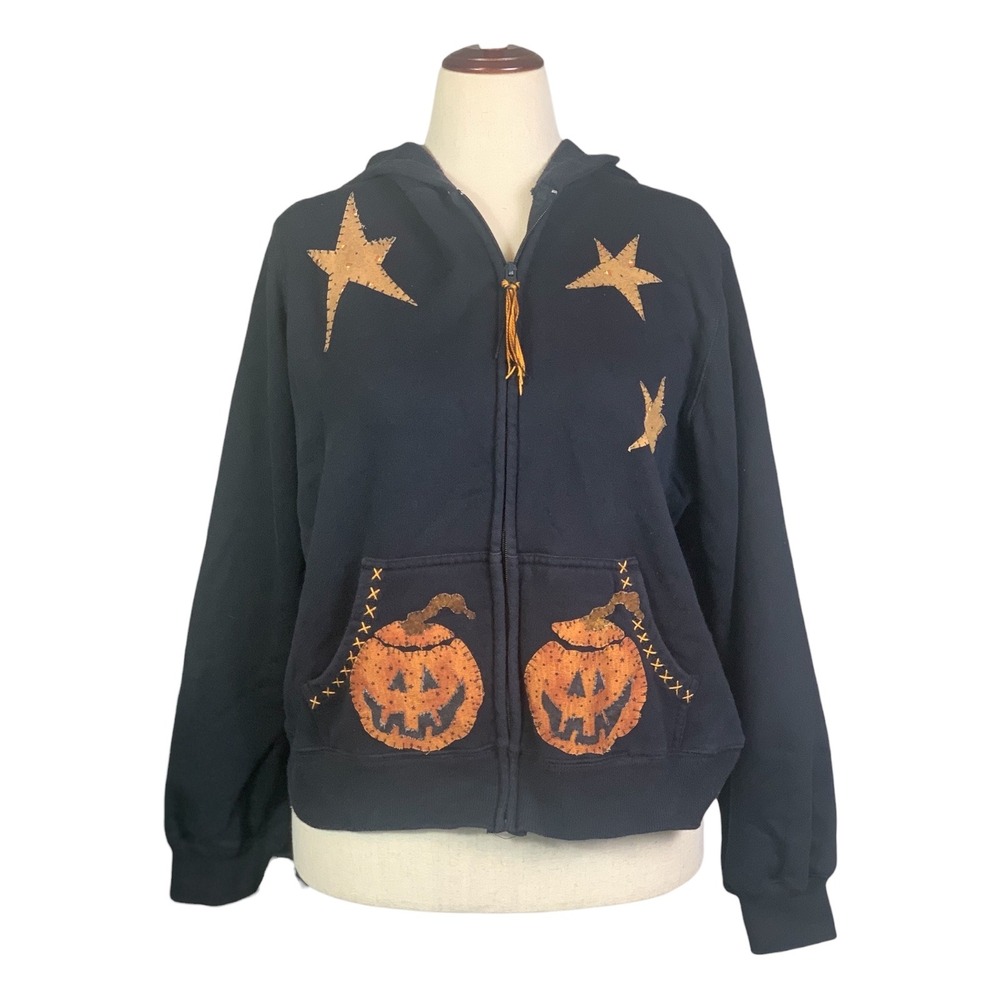 St Johns Bay Halloween Pumpkin Star Zip FleeceHoodie Black Womens Large